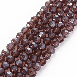 Chapelets de perles en verre électroplaqué, perle plaquée lustre, facetté (32 facettes), ronde, selle marron, 4mm