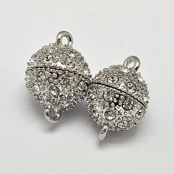 Oval Brass Rhinestone Magnetic Clasps with Loops, Platinum, 14x8.5mm, Hole: 1.2mm