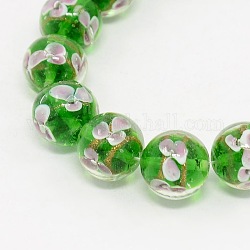 Handmade Swirl Gold Sand Inner Flower Lampwork Round Beads Strands, Lime Green, 12x11mm, Hole: 1mm, about 30pcs/strand, 14.17 inch
