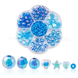 Kit di ricerca per la creazione di gioielli con perline fai da te, include cuore e stella e perline rotonde in acrilico e argilla polimerica, blu, 6~11x6~11.5x1~9mm, Foro: 1~2 mm, 275 pc / set