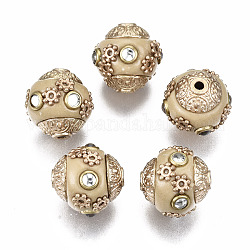Perline  indonesia fatto a mano, con strass di cristallo e componenti in ottone, tondo, oro, Burlywood, 15x15mm, Foro: 1.6 mm