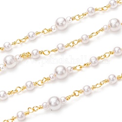 Handmade Brass Ball Chains, with Glass Pearl Beads and Spool, Long-lasting Plated, Unwelded, Round, Golden, Round Beads: 3mm and 6mm, about 32.8 Feet(10m)/roll
