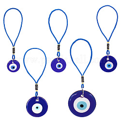 Ahademaker 5 piezas 5 estilos de vidrio mal de ojo colgante decoraciones, con cordón de poliéster y fornituras de hierro, plano y redondo, azul, 160~200x29.5~64mm, 1pc / estilo