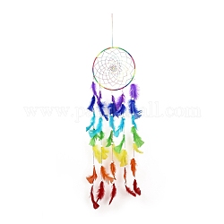 Chakra Theme Iron Woven Web/Net with Feather Pendant Decorations, with Wood Beads, Covered with Villus and Cotton Cord, Flat Round, Colorful, 925mm