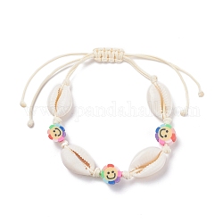 Bracelet de perles tressées en coquillage cauri naturel, Bracelet réglable en perles de visage souriant en argile polymère fait à la main pour femme, colorées, diamètre intérieur: 1-3/4~4-1/4 pouce (4.3~10.8 cm)