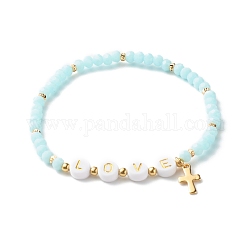 Bracelets stretch avec perles en verre, avec des perles acryliques et laiton, 304 acier inoxydable breloques croisés, mot d'amour, lumière bleu ciel, diamètre intérieur: 2-1/4 pouce (5.7 cm)