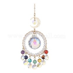 Natural Gemstone Bead Pendant Decorations, Suncatchers Hanging, with Teardrop/Octagon Glass Pendants and Moon Brass Link, 245mm