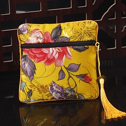 Sacs carrés à pompons en tissu de style chinois, avec fermeture à glissière, Pour bracelet, collier, jaune, 11.5x11.5 cm