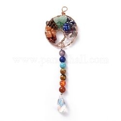 Chakra Theme Gemstone Beaded Big Pendants, Sun Catcher, with Glass Pendants and Copper Wire, Tree of Life, Champagne Gold, 125x42x11mm, Hole: 6mm