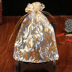 Sacchetti per gioielli con coulisse in organza, sacchetti regalo per feste di matrimonio, rettangolo con motivo floreale stampato in oro, bianco, 12x9cm