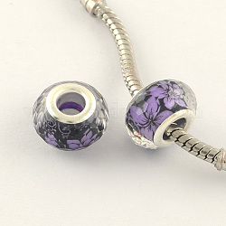 Large Hole Flower Pattern Acrylic European Beads, with Silver Tone Brass Double Cores, Faceted Rondelle, Mauve, 14x9mm, Hole: 5mm