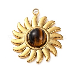 Colgantes de sol de ojo de tigre natural, 304 colgante de sol de acero inoxidable bañado en oro, 19.5x17x4.5mm, agujero: 1.6 mm