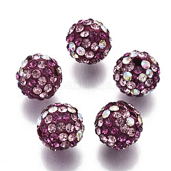 Perles de strass en argile polymère, Perles de boule pavé disco , ronde, rose clair, pp13 (1.9~2mm), 6 rangs de strass, 10mm, Trou: 1.5mm