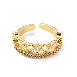 Cubic Zirconia Heart Open Cuff Ring, Real 18K Gold Plated Brass Jewelry for Women, Cadmium Free & Lead Free, Clear, US Size 6 1/4(16.7mm)