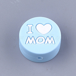 Mother's Day Theme, Food Grade Eco-Friendly Silicone Focal Beads, Chewing Beads For Teethers, DIY Nursing Necklaces Making, Flat Round with Word I Love Mom, Light Blue, 20x9.5mm, Hole: 2mm