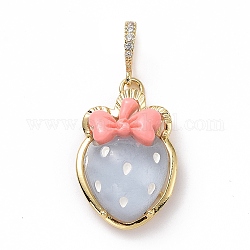 Opaque Resin Pendants, Strawberry Charm, with Brass Micro Pave Clear Cubic Zirconia Findings, Cadmium Free & Lead Free, Real 18K Gold Plated, Light Steel Blue, 27.5x19.5x10mm, Hole: 4.5x7mm