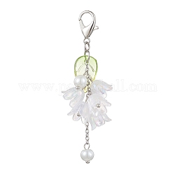 Décorations pendentif acrylique, avec perles d'imitation de verre et fermoirs mousquetons en alliage, fleurs avec des feuilles, clair, 70mm