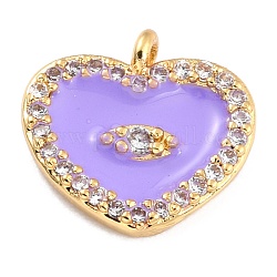 Golden Plated Brass Micro Pave Clear Cubic Zirconia Charms, with Enamel, Long-Lasting Plated, Heart with Eye, Lilac, 11x11.5x2.5mm, Hole: 1.2mm