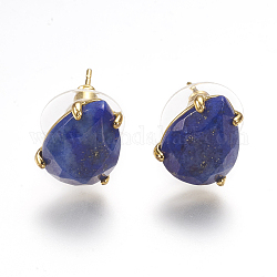 Natural Lapis Lazuli Stud Earrings, with Golden Tone Brass Findings, Faceted Teardrop, 13.5~14x10.5mm, Pin: 0.8mm