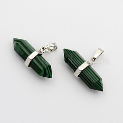 Synthetic Malachite Double Terminated Pointed Pendants, with Platinum Plated Brass Findings, Bullet, 15.5x30~35x8~9mm, Hole: 5x7.5mm