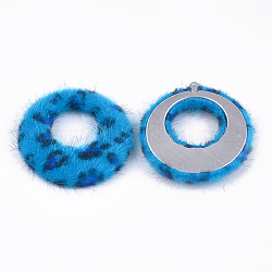Faux Mohair Anhänger, mit Alu-Boden, Flachrund, Platin Farbe, Verdeck blau, 43~44x40.5~41.5x4.5~5 mm, Bohrung: 1 mm