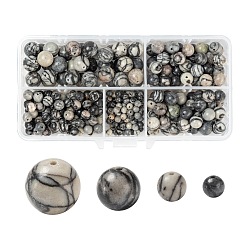 340 pièces 4 style pierre de soie noire naturelle/perles de netstone, ronde, 4mm / 6mm / 8mm / 10mm, Trou: 0.6~1mm