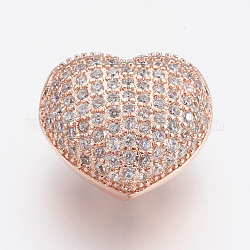 Perles de zircone cubique micro pave en Laiton, sans plomb et sans cadmium, cœur, or rose, 14x14.5x8.5mm, Trou: 2x2.5mm