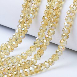Chapelets de perles en verre électroplaqué, de couleur plaquée ab , facette, rondelle, kaki clair, 4x3mm, Trou: 0.4mm, Environ 123~127 pcs/chapelet, 16.5~16.9 pouce (42~43 cm)