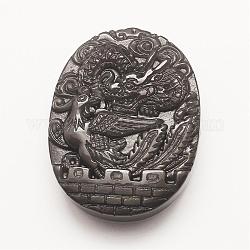 Pendentifs en obsidienne naturelle sculptés, Oval plat avec dragon et phoenix, 44x34x8~12mm, Trou: 1.5mm