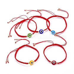 Adjustable Nylon Thread Braided Bead Bracelets, with Handmade Evil Eye Lampwork Beads and Brass Beads, Mixed Color, Inner Diameter: 2-1/2 inch~4-1/8 inch(6.5~10.5cm)
