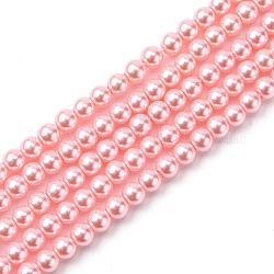 Perle di perle di vetro di grado ecologico, perlato, tondo, perla rosa, 6mm, Foro: 1.2~1.5 mm, circa 68pcs/filo, 16'' (40.64 cm)