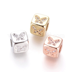 Messing Perlen, mit Mikro ebnen Zirkonia, Würfel mit Schmetterling, Transparent, Mischfarbe, 6x6x6 mm, Bohrung: 3 mm