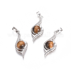 Natural Tiger Eye Pendants, with Platinum Tone Brass Findings and Crystal Rhinestone, Flower, 37.3x15x9.8mm, Hole: 7x4.5mm