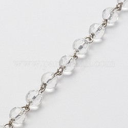 Ручной граненые круглые стеклянные бусины ожерелья цепи для браслетов делает, с железным штифтом, несварные, прозрачные, 39.3 дюйм, около 94 шт / нитка