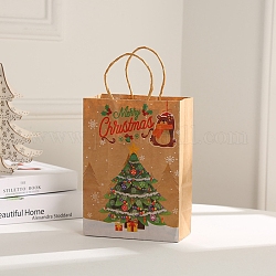 Бумажные мешки, с ручками, подарочные пакеты, сумки для покупок, для рождественской вечеринки сумки, прямоугольник со словом счастливого рождества, узор Рождество дерево, 210x110x270 мм
