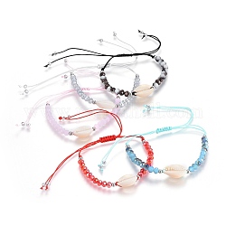 Nylon cordon tressé bracelets de perles, avec perles de verre rondelles à facettes en verre galvanisé et coquille, platine, couleur mixte, 1-3/4 pouce (4.5 cm) ~ 4-1/4 pouces (10.8 cm)