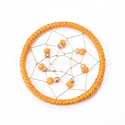Geflochtene Netzanhänger aus Eisen, mit Nylonschnur, Polyesterfaden und Saatperlen, für gewebtes Netz / Gewebe mit Federn, orange, 32x2~2.5 mm