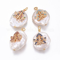 Natural Cultured Freshwater Pearl Pendants, with Brass Micro Pave Cubic Zirconia Findings, Nuggets with Leaf, Golden, Mixed Color, 17~26x11~16x5~11mm, Hole: 1.6~2mm