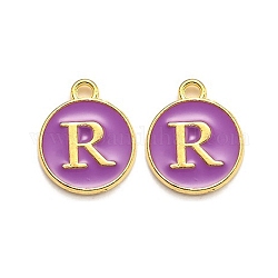 Golden Plated Alloy Enamel Charms, Enamelled Sequins, Flat Round with Alphabet, Letter.R, Purple, 14x12x2mm, Hole: 1.5mm