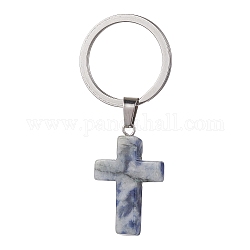 Брелки из натуральной яшмы с голубыми пятнами, с 304 кольцами для ключей из нержавеющей стали, крестик, 5.6 см, крест: 37.5x18x5.5 мм