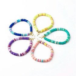 Bracelets extensibles faits main en pâte polymère, avec perles en laiton et breloque croix, couleur mixte, diamètre intérieur: 2-1/8 pouce (5.3 cm)