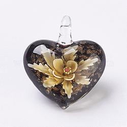 Handmade Lampwork Pendants, Inner Flower, Heart, Yellow, 38x33x16mm, Hole: 6x6mm