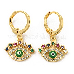 Evil Eye Real 18K Gold Plated Brass Dangle Leverback Earrings, with Enamel and Cubic Zirconia, Green, 25.5x15mm