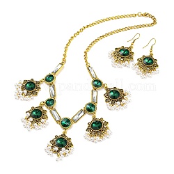 Conjunto de joyas de flores de aleación estilo bohemio, Pendientes colgantes con cuentas de turquesa de imitación acrílica y collar tipo babero, oro antiguo, collares: 470 mm; pendiente: 56x27mm