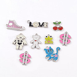 Mixed Shape Platinum Plated Alloy Enamel Pendants, Mixed Color, about 17~25mm wide, 20~27mm long, 1.5~2mm thick, hole: 2mm