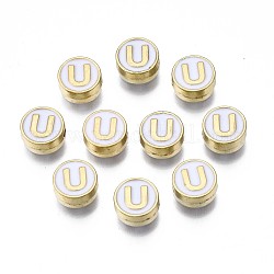 Legierung Emaille-Perlen, cadmiumfrei und bleifrei, Licht Gold, flach rund mit Alphabet, weiß, letter.u, 8x4 mm, Bohrung: 1.5 mm