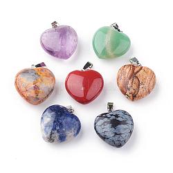 Natural Gemstone Pendants, with Platinum Tone Alloy Findings, Heart, 22~23x20~21x9~10mm, Hole: 2.5x5.5mm