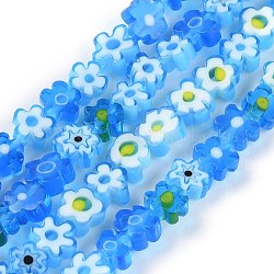 Hilos de abalorios de vidrio millefiori artesanal, flor, azul, 4~7.2x2.6mm, agujero: 1 mm, aproximamente 60~69 pcs / cadena, 16 pulgada (40 cm)