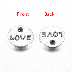 Tibetan Style Alloy Charms Pendants, Cadmium Free & Lead Free, For Valentine's Day, Flat Round with LOVE, Antique Silver, 9x1mm, Hole: 1.5mm