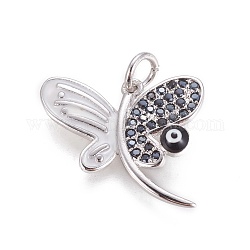 Brass Enamel Charms, with Micro Pave Cubic Zirconia, Butterfly with Evil Eye, Platinum, 15x18.5x2~3.5mm, Hole: 3mm